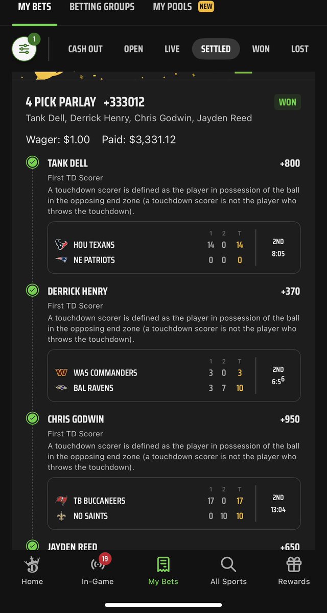 Reader9530's tweet photo. @DKSportsbook all it takes is $1 and a dream! First TD parlay!! https://t.co/CwMP2HcCHZ