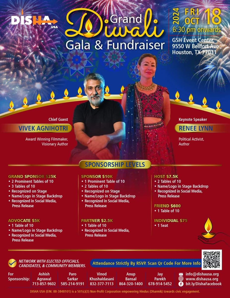 Award-Winning Filmmaker Vivek Agnihotri and Political Activist Renee Lynn with Disha USA. Get ready for an unforgettable night of celebration, culture &amp; civic engagement as we light up the Diwali season in style! This is going to be one incredible night. Are you ready Friday🔥🎇