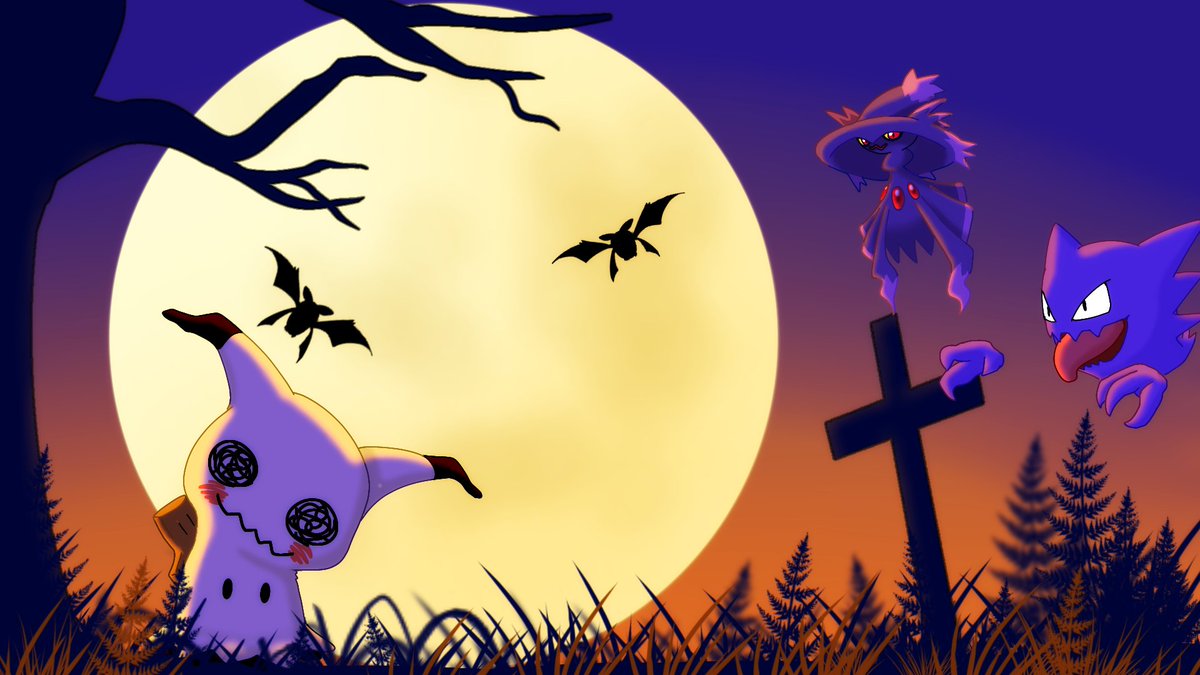今月末はハロウィン！
ゴーストとムウマージは何気に初めて描いた
 #ポケモンイラスト
 #ハロウィン
 #ハロウィンイラスト 
 #ミミッキュ