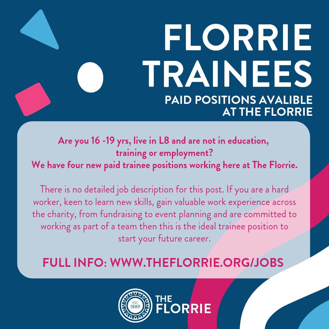 We've got a number of trainee positions here at The Florrie to support young people at the start of their careers. Head to theflorrie.org/jobs to find out more and apply 🔗

Please share with anyone you think might be interested.

#Jobs #TheFlorrie #LiverpoolJobs