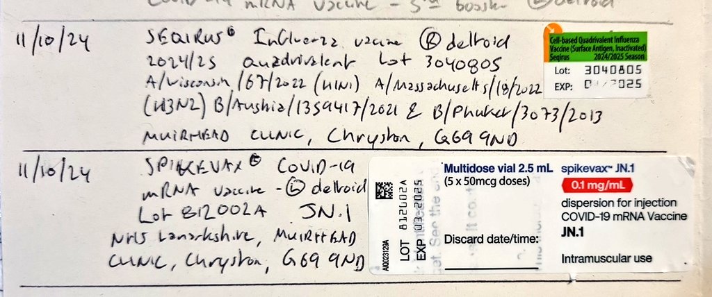 I'm ready for Winter 2024/25! Protecting myself, my family, my patients &amp; my colleagues.

Flu &amp; COVID vaccines done on Friday 11/10/24 in Muirhead Clinic 😊

<a href="/NHSLanarkshire/">NHS Lanarkshire</a> <a href="/P_H_S_Official/">Public Health Scotland</a> <a href="/UKHSA/">UK Health Security Agency</a> #GetWinterStrong #WinterVaccinesScot #flufighter #COVID19vaccine