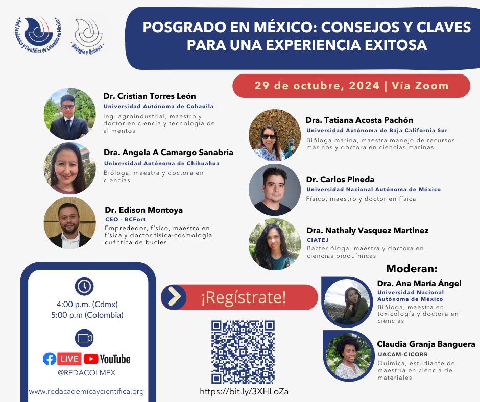 REDACOLMEX's tweet photo. ¿Tienes interés en realizar tu posgrado en México?
Únete a nuestro #conversatorio informativo, en el que investigadores/as colombianos en México te guiarán para iniciar tu proceso.  
🗓️29 Oct
⏰4pm🇲🇽|5pm🇨🇴
Registro https://t.co/wAKwQ4iQQm
➕Info:https://t.co/y2MIazErAi
¡Difunde! https://t.co/arjxi1pCiC