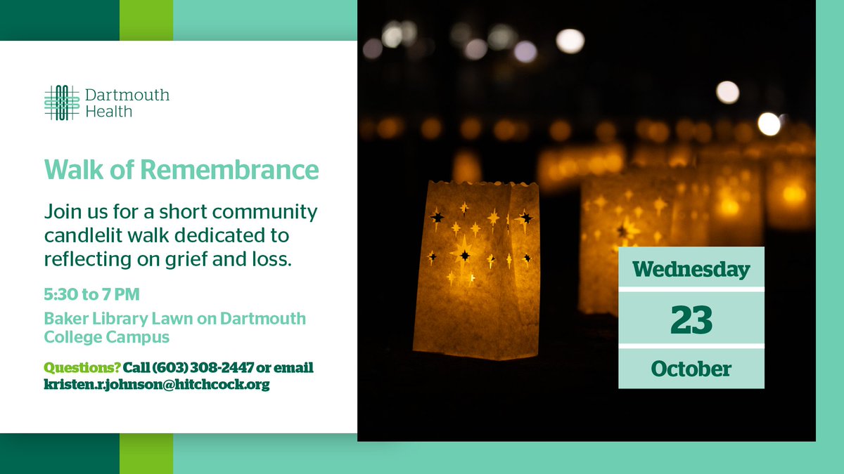 Dartmouth Hitchcock Medical Center and Clinics (@dhmcandclinics) on Twitter photo Join us for a Walk of Remembrance on Wednesday, October 23. The staff and volunteers of <a href="/DHPalliative/">Dartmouth Health Palliative Care</a> invite you and your loved ones to join us, and other members of our community, for a short candlelit walk on the Baker Library Lawn on <a href="/dartmouth/">Dartmouth 🌲</a> Campus.
<a href="/DartmouthHealth/">Dartmouth Health</a> #HAPC Join us for a Walk of Remembrance on Wednesday, October 23. The staff and volunteers of <a href="/DHPalliative/">Dartmouth Health Palliative Care</a> invite you and your loved ones to join us, and other members of our community, for a short candlelit walk on the Baker Library Lawn on <a href="/dartmouth/">Dartmouth 🌲</a> Campus.
<a href="/DartmouthHealth/">Dartmouth Health</a> #HAPC