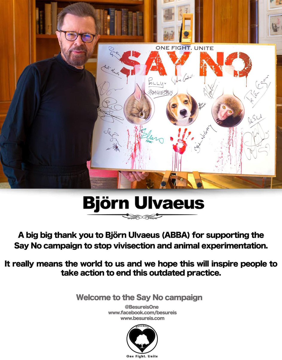 We are so incredibly proud that ABBA legend Bjorn Ulvaeus ‘SAYS NO’ to animal experiments, in support of our science-based campaign with rescued laboratory dog <a href="/BetsyAmbassador/">Betsy, Beagle Ambassador for FLOE</a>.

Thank you <a href="/BesureisOne/">Besureis - One Fight. Unite</a> for your fantastic poster outreach! 

#EndAnimalTesting #OperationBeagle #Dogs