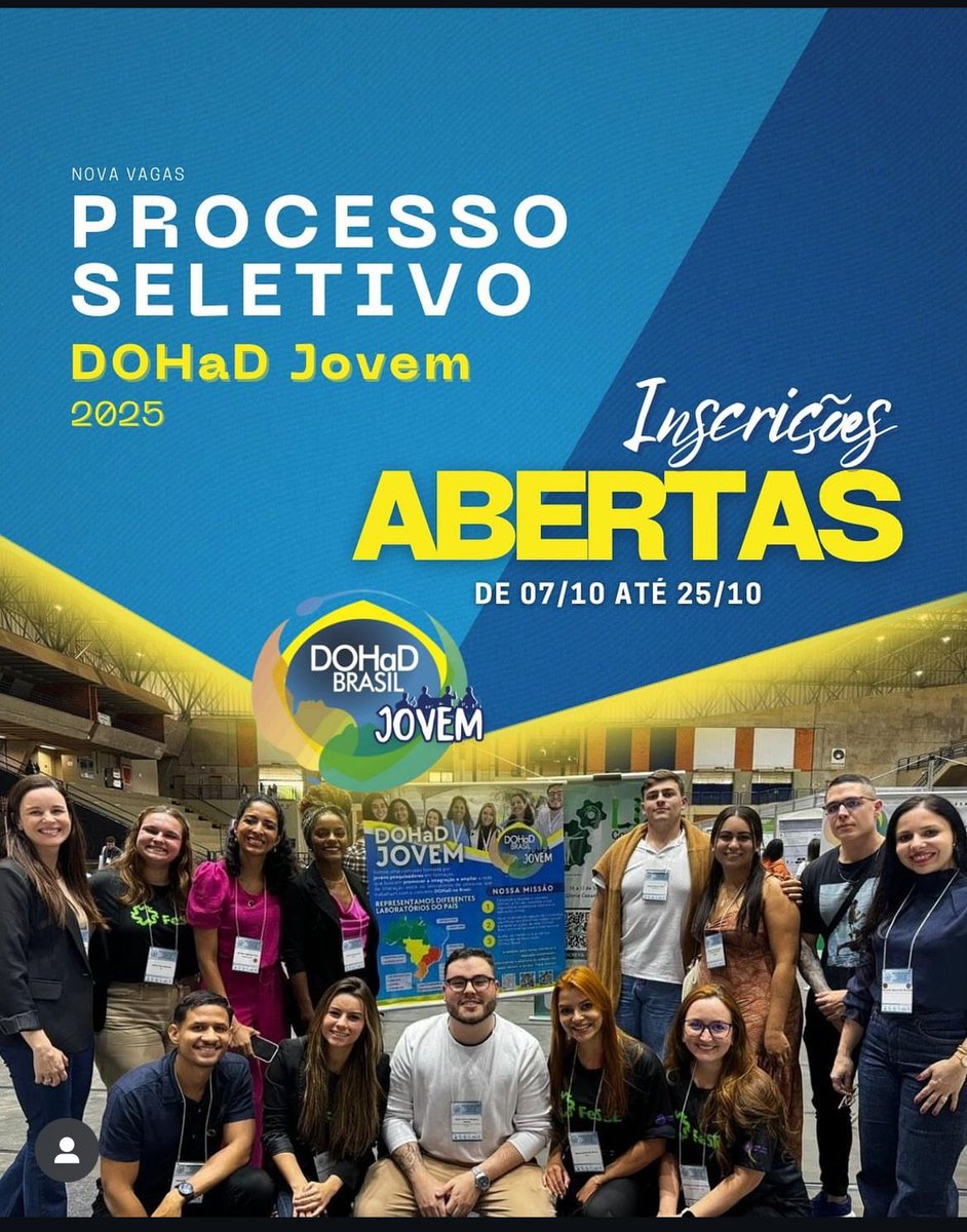 🔬Olá, jovem pesquisador(a)
Você sabia que a Comissão DOHaD Jovem está com o processo seletivo aberto? 🎉
📝 acesse nosso Instagram: @dohadbrasil  para realizar às inscrições até o dia 25/10/2024. E fique por dentro de todas as novidades!!