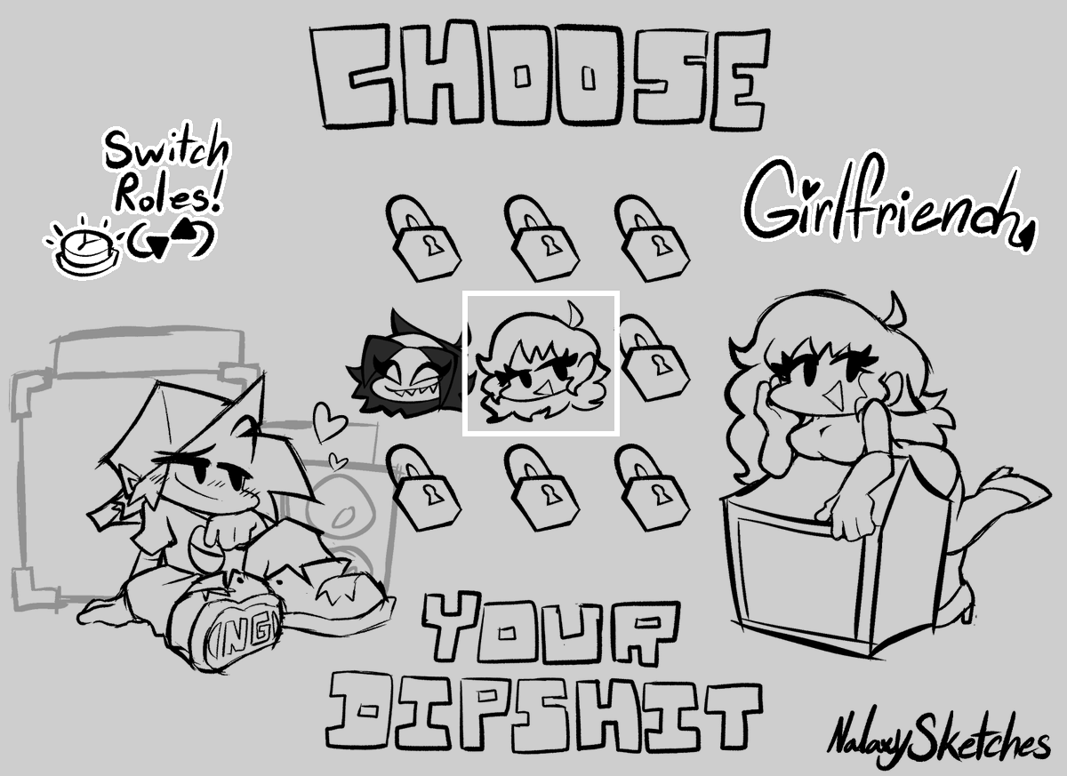 NalaxySketches's tweet photo. My friend and I were talking about a potential swap mechanic for currently playable characters by a push of a button so I drew it out #fridaynightfunkin #fnf https://t.co/X4OmTT3uh0
