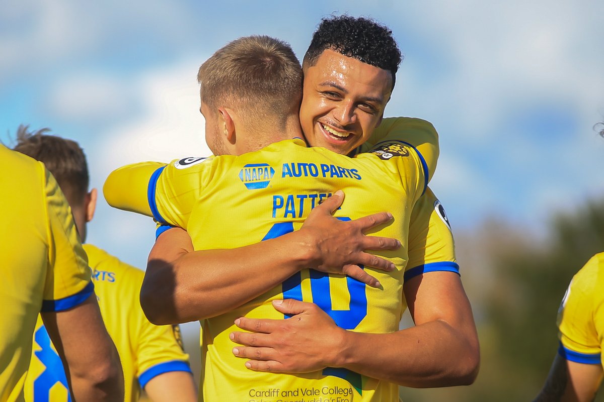 ‘Life only comes around once, so do what makes you happy and be with people who make you smile’. <a href="/callum_sainty1/">Sainty</a> of <a href="/BarryTownUnited/">Barry Town United</a> celebrates with goalscorer <a href="/PattenKeenan/">KeenanPatten</a>. <a href="/BarryTownUnited/">Barry Town United</a> v <a href="/bflafc/">BFL AFC</a> (3-1) in <a href="/CymruLeagues/">JD Cymru Leagues 🏴󠁧󠁢󠁷󠁬󠁳󠁿</a> Premier at <a href="/JennerPark3G/">Jenner Park</a> on 12th October 2024.
