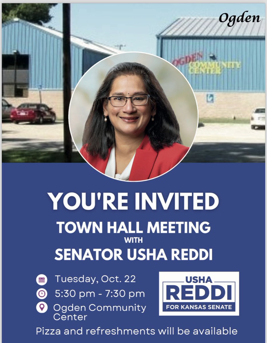 I will be hosting four town halls in Riley County. 

Sikes Venue in Leonardville on Oct. 16, 7:00 pm-8:30 pm

Zeandale Park on Oct. 18th, 6:00 pm-7:30 pm

Keats Community Center on Oct. 21, 7:30 pm-9:00 pm

Ogden Community Center on Oct. 22, 5:30 pm-7:30 pm. 

Open to the public.