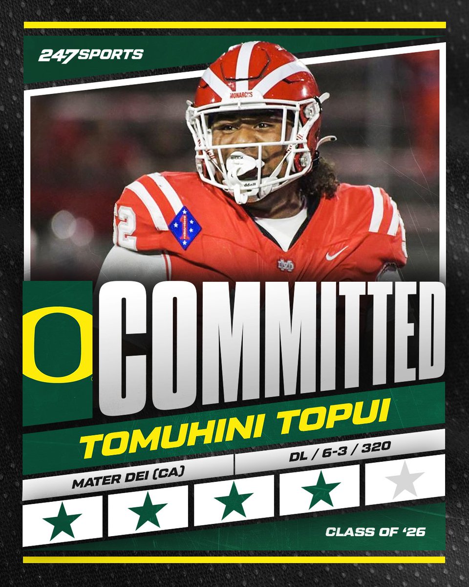 BREAKING: Elite defensive lineman Tomuhini Topui from powerhouse Santa Ana (Calif.) Mater Dei has revealed his commitment to Oregon, giving head coach Dan Lanning another resonant recruiting victory in the Golden State  247sports.com/article/elite-…