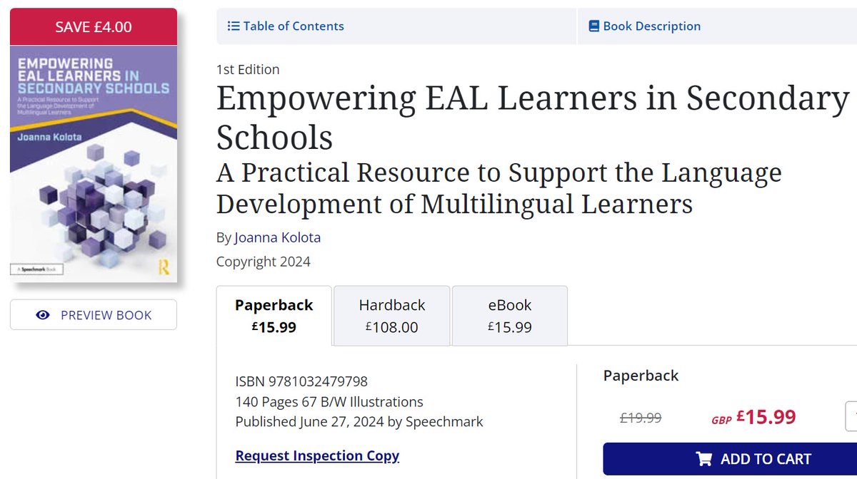 Joanna Kolota (@jkolota) on Twitter photo My book on supporting multilingual students is now 20% off! 📚
This guide is packed with practical strategies to help every student thrive. Don't miss out-grab your copy today! 
Routledge: lnkd.in/eEMkGYMu
Amazon: lnkd.in/eWh2udvb
#edutwitter #EAL #multilingual My book on supporting multilingual students is now 20% off! 📚
This guide is packed with practical strategies to help every student thrive. Don't miss out-grab your copy today! 
Routledge: lnkd.in/eEMkGYMu
Amazon: lnkd.in/eWh2udvb
#edutwitter #EAL #multilingual