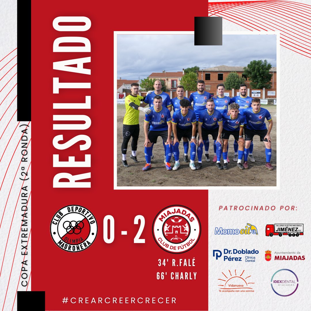 🛑 Final del partido de la Copa Extremadura

<a href="/CdmOlimpia/">CDM Olimpia</a>  0 - 2 <a href="/miajadascf/">Miajadas Club de Fútbol</a> 
                                    ⚽️'34 Rubén Falé
                                    ⚽️'66 Charly

¡Pasamos a la siguiente ronda! 😊

#VamosMiajadas 🤍❤️