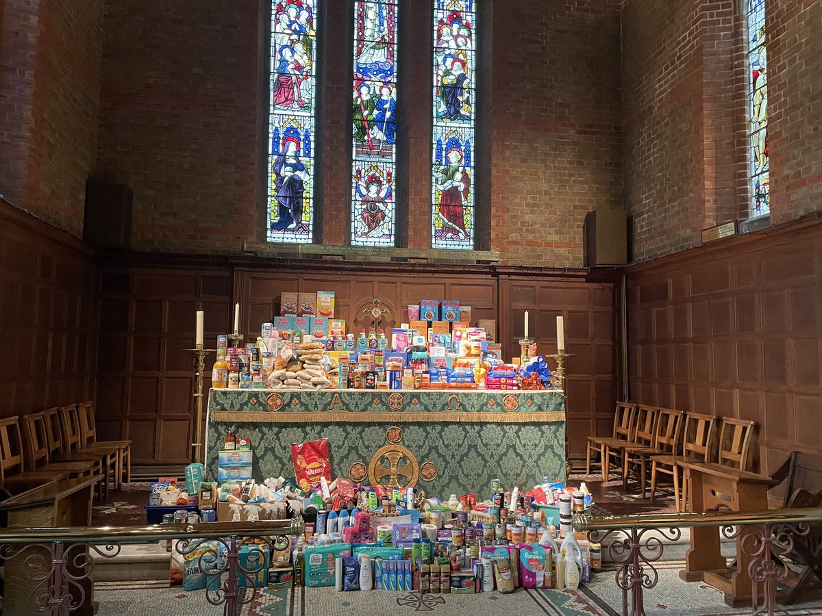 A wonderful display of harvest festival donations for the Chapel Services and Choral Evensong today. Thank you to all those who donated for <a href="/WokingFoodbank/">Woking Foodbank</a> and Bisley and West End Food Bank. #harvest #harvestfestival