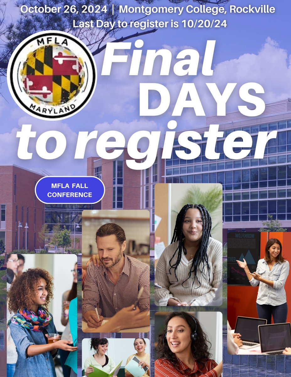 🚨📷⏳ Last days to register for our #MFLA #FallConference! 📷📷 The countdown is on! Register by 10/20 – this is your opportunity to join educators from across the state for a day of collegiality, inspiration, &amp; growth! 📷Secure your spot today! 📷🔗mflamd.org