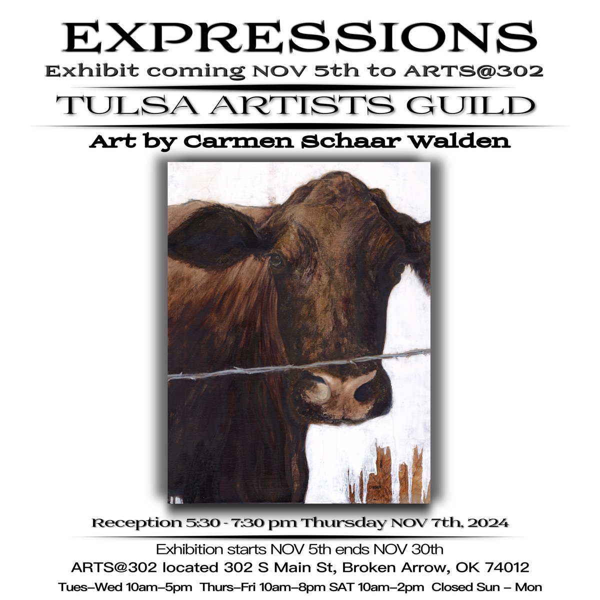 Get Ready! TAG’s EXPRESSIONS Exhibit is coming NOV 5th to ARTS@302 in Broken Arrow! This delightful work of art by Carmen Schaar-Walden will be on display along with art by 21 more award-winning member artists.