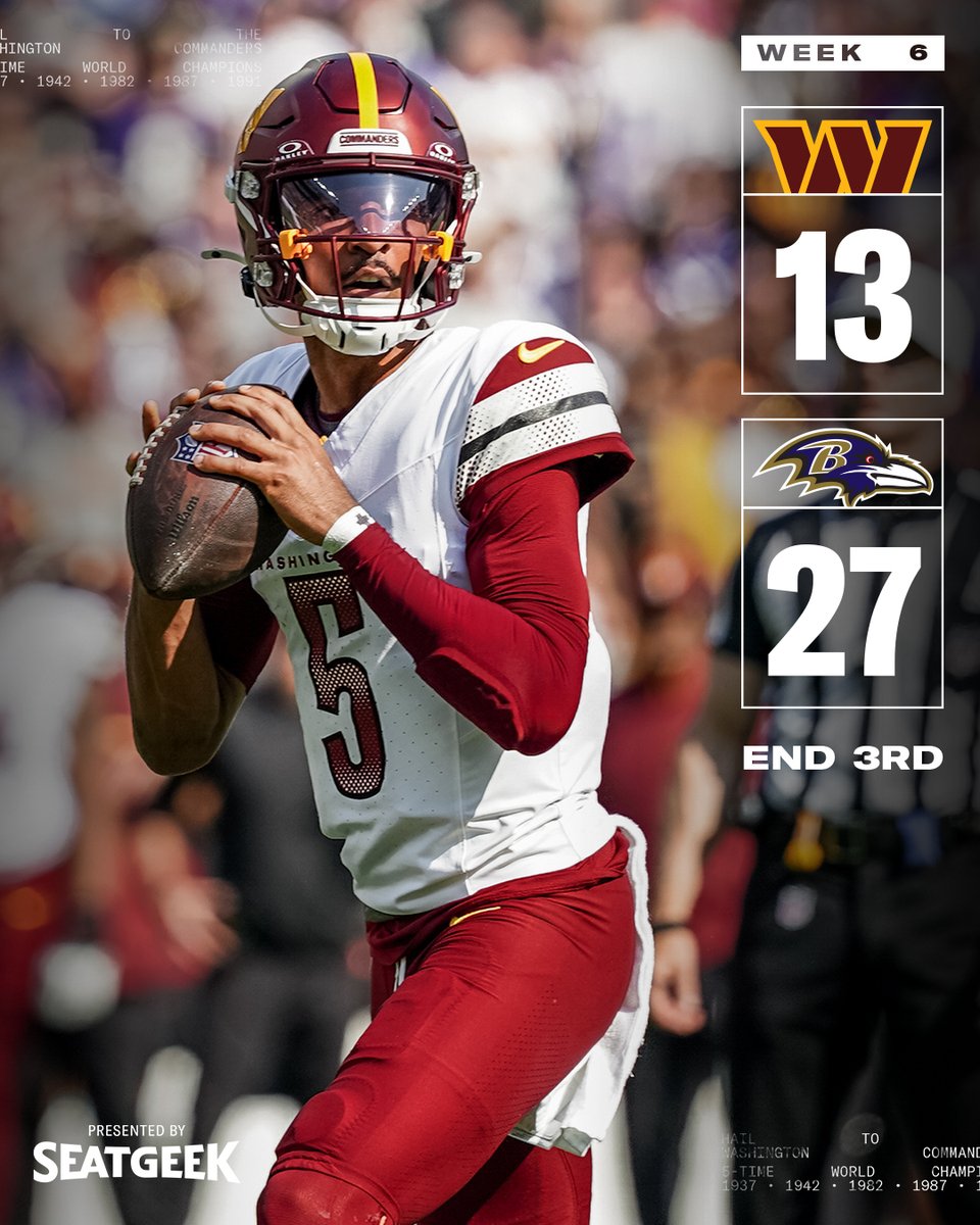 Commanders's tweet image. Onto Q4

@Seatgeek | #WASvsBAL