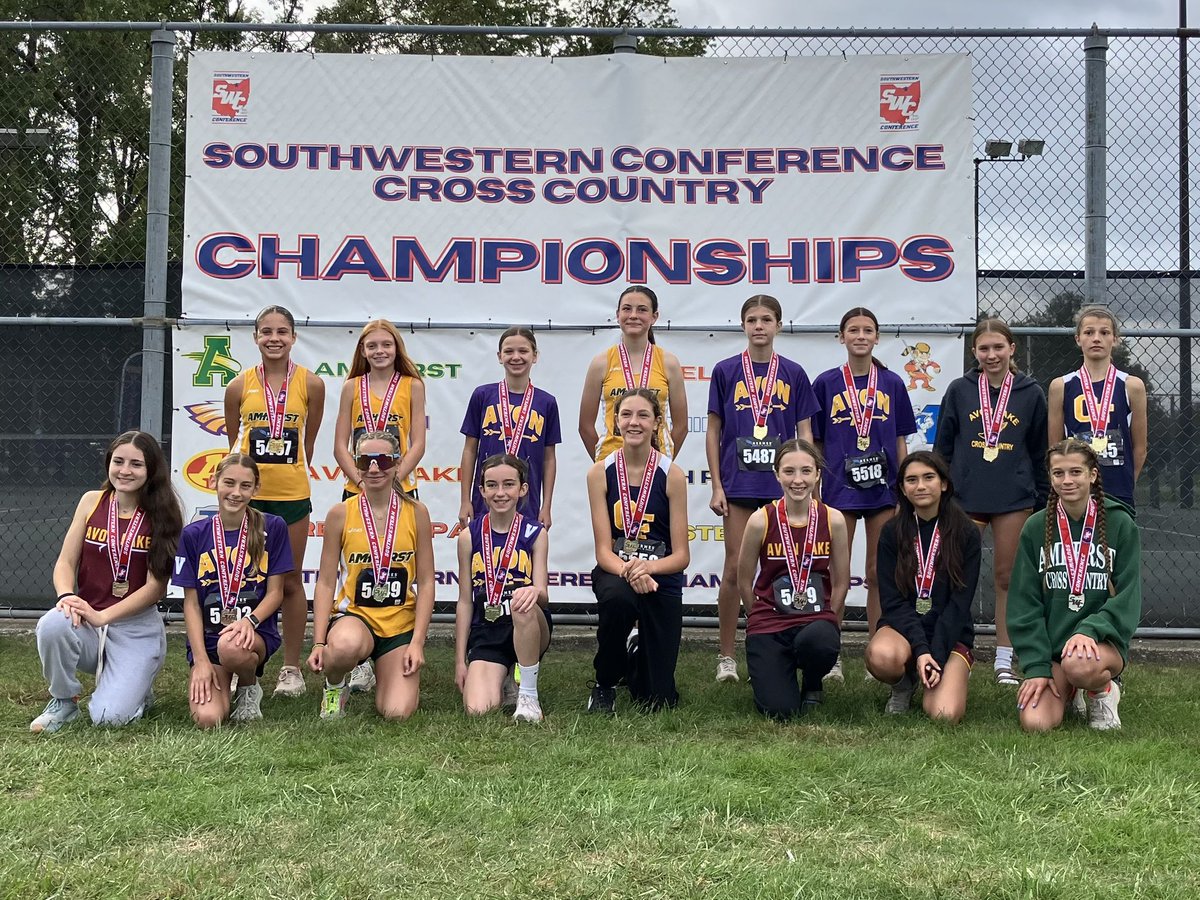 1st-team All-SWC (standing) Champion Lila Woskobunik, Sam Falbo 2nd place, Olivia Ford 4th. 2nd-team All-SWC (kneeling) Kinley Johnson 11th place, Grace Naro 16th. <a href="/AJHComets/">Amherst Junior High</a> <a href="/RunAmherst/">Run Amherst</a>