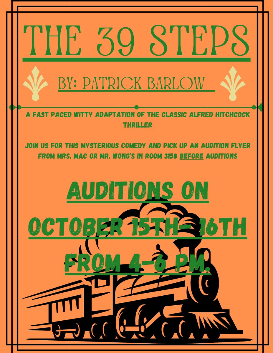 Randle Lions Theatre (@trhsdrama) on Twitter photo ๐ญ Ready for a thrilling experience? Auditions for "The 39 Steps" are Oct 15-16 from 4-6 PM!
Don't forget to grab your parent consent form *before* auditioning.
Are you up for the challenge? <a href="/RandleHS/">Randle High School</a>
#The39Steps #Auditions #RandleTheatre #randlehighschool #randlelionstheatre ๐ญ Ready for a thrilling experience? Auditions for "The 39 Steps" are Oct 15-16 from 4-6 PM!
Don't forget to grab your parent consent form *before* auditioning.
Are you up for the challenge? <a href="/RandleHS/">Randle High School</a>
#The39Steps #Auditions #RandleTheatre #randlehighschool #randlelionstheatre