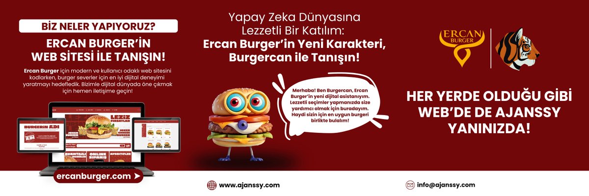Burger dünyasında yeni bir çağ: ERCANBURGER &amp; BURGERCAN! 🤖

Ajanssy olarak ercanburger.com web sitesini büyük bir heyecanla kodladık ve yapay zeka asistanı BURGERCAN ile dijital deneyimi bir üst seviyeye taşıdık! 🚀🍟
Burger severler, hem lezzet hem de teknoloji burada!