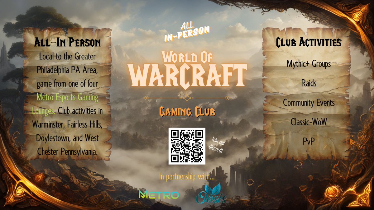 I'm starting an in-person WoW club! Hosted by
<a href="/metroesports/">Metro Esports</a> - we'll get together for content IN-PERSON at one of several esports venues in the Greater Philadelphia area. Help me out with a repost! #WoW #Warcraft #TWW