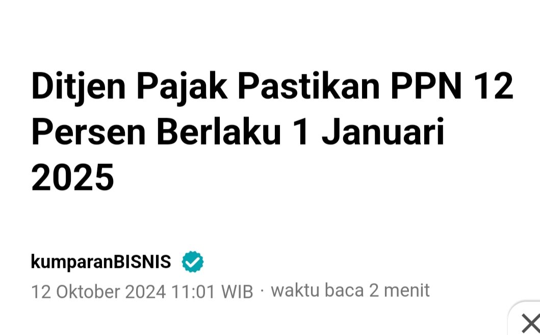 PPN naik dari 11 jadi 12% ini setara kenaikan 9%!! Jangan merasa itu hanya naik 1%.

Ibarat harga 110 naik jadi 120. Ini naiknya 9%. Sangat tinggi kenaikannya.

Headline harusnya tulis PPN NAIK 9%!!

Naik 9% ditengah daya beli yg anjlok = kebijakan yg gak peduli rakyat.