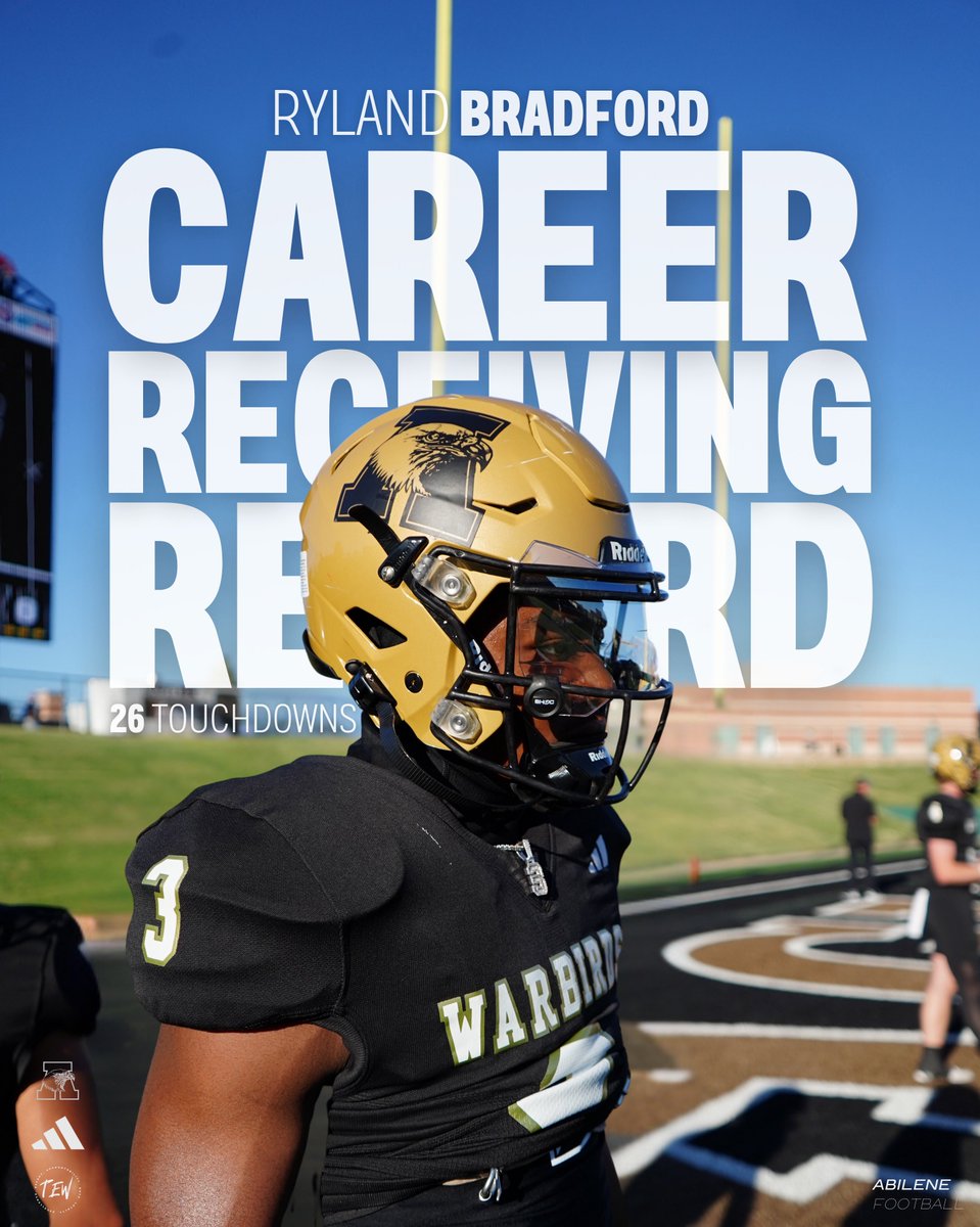 #3 IS OFFICIALLY #𝟏

Ryland Bradford is now the all-time leader in receiving touchdowns at Abilene High. He surpasses Lyle Leong’s record (25) set in 2005. 

• Most Career Receiving Touchdowns (26)