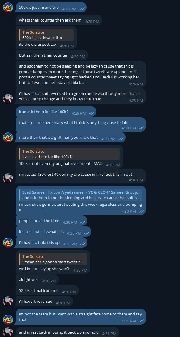The__Solstice's tweet photo. This larp bought 100k$ of $michi and has been parading around saying he's gonna buy 30 mil of it 

He's now blackmailing $wap team to try to give him 150-500k$

I told him to ceasefire and he wouldn't so here it is.

I'm just here to pump bags and wap will onboard the masses. https://t.co/Wo79VZrRBF