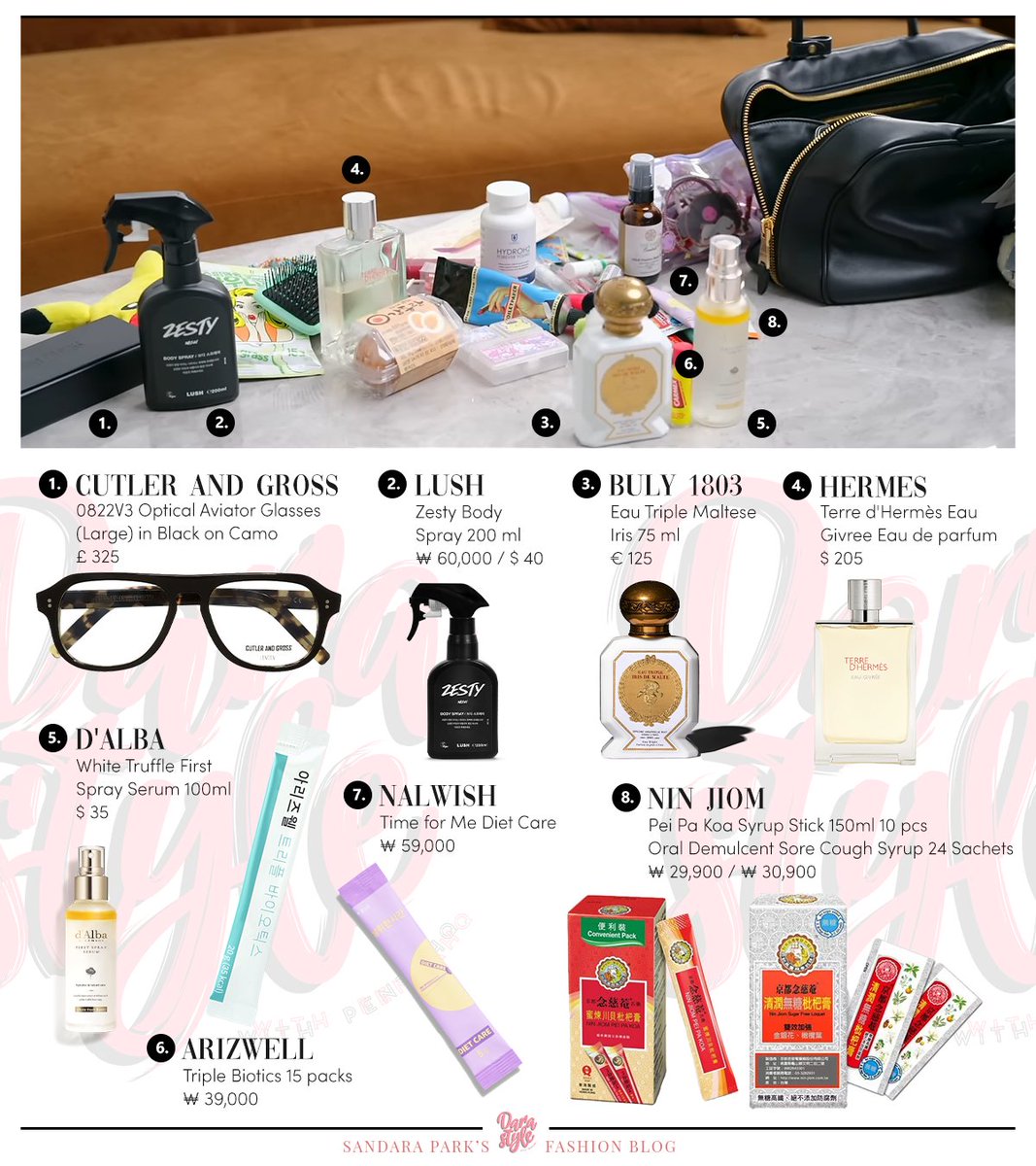 DaraStyle_'s tweet photo. [Spotted] 241011 - #DARA at Vogue Korea 'What's In My Bag', wearing:

#CUTLERANDGROSS Optical Glasses
#LUSH Zesty Body Spray
#BULY1803 Perfume
#HERMES Perfume
#DALBA Serum 
#ARIZWELL Triple Biotics
#NALWISH Time for Me
#NINJIOM Pei Pa Koa
-
#SandaraPark #산다라박 #다라 https://t.co/60GHI4lZNQ