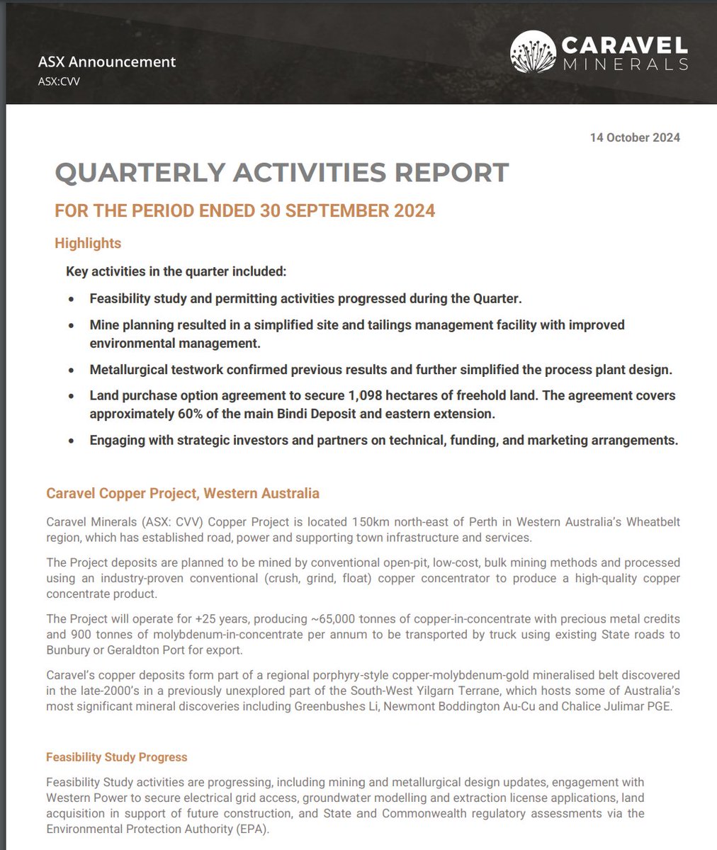 CaravelMinerals's tweet image. Caravel Minerals is pleased to provide its September 2024 Quarterly Report, providing a summary of key recent activities at its flagship Caravel #Copper Project in Western Australia. 
Read More 👉ow.ly/Htiq50TKpTi
#CVV  #WA #criticalminerals #exploration #development