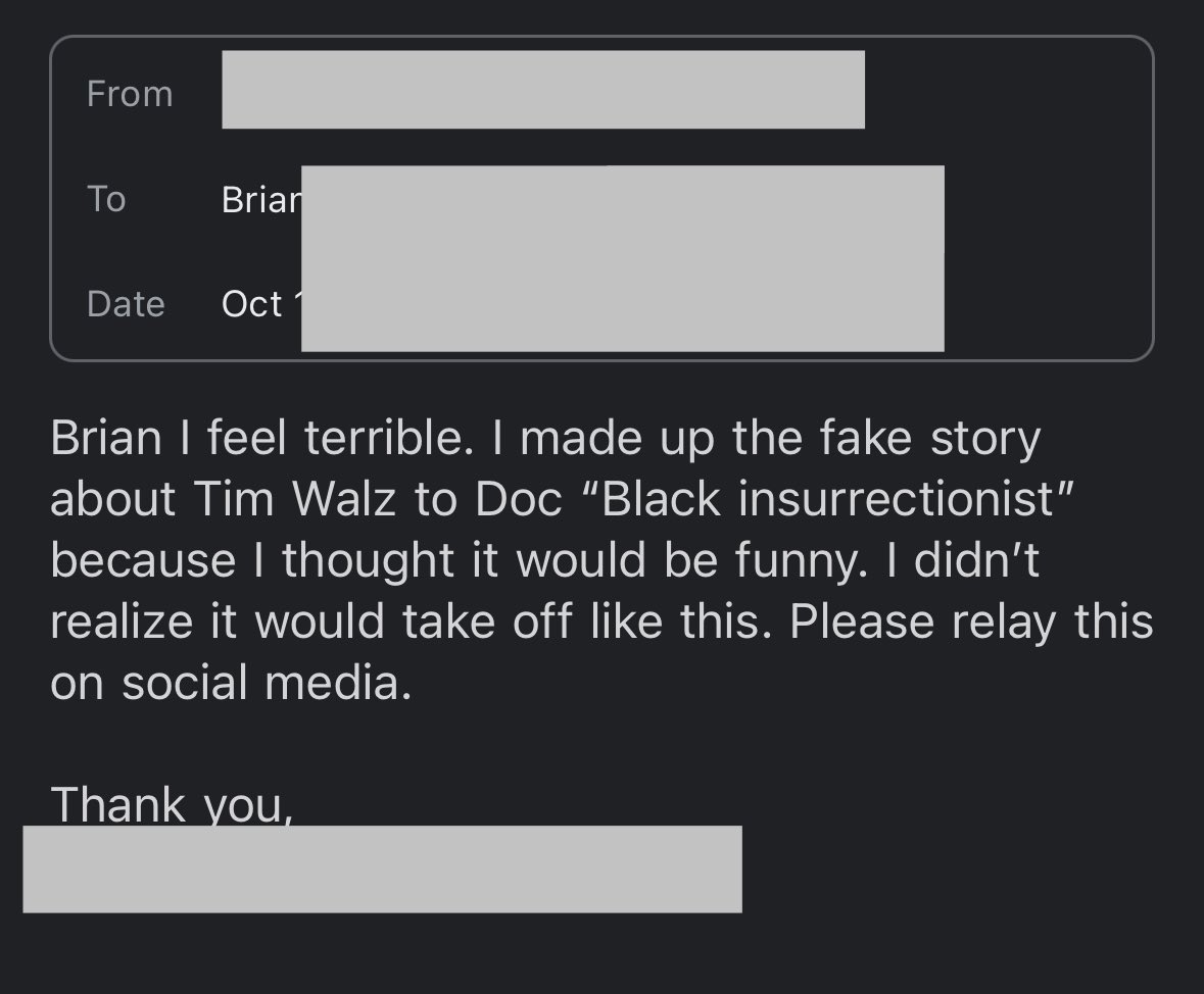 krassenstein's tweet image. Earlier this week I got this email from the anonymous guy who made up a story about Tim Walz…. 

I knew this was coming.