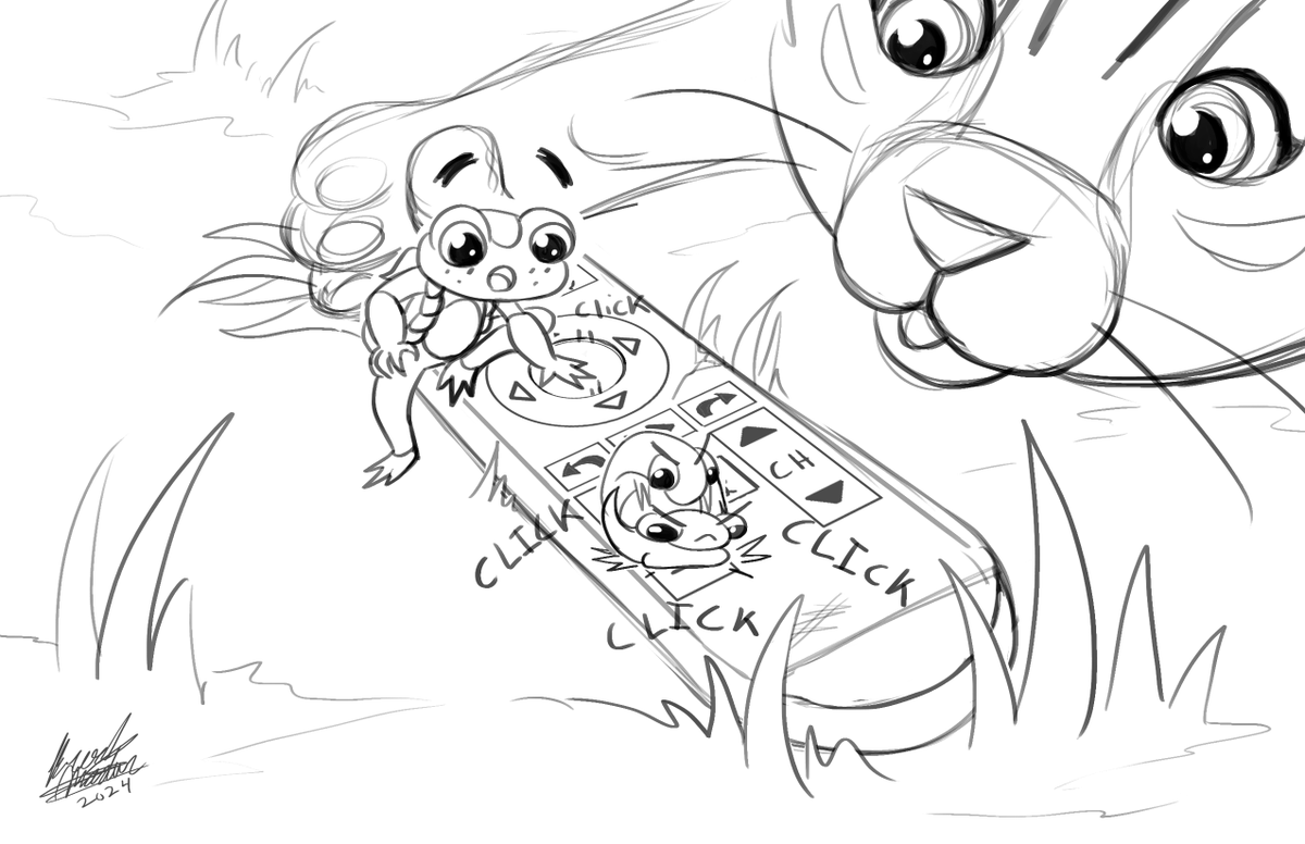silverwaterbird's tweet photo. The group find a strange device that the merchant claims is called a remote. Say have fun pressing the buttons, especially Timmy 🤣
#inktober2024 #inktober #inktober2024remote #day12 #remote #frog #cat #sketch #buttons https://t.co/VYqw6Hu1xu
