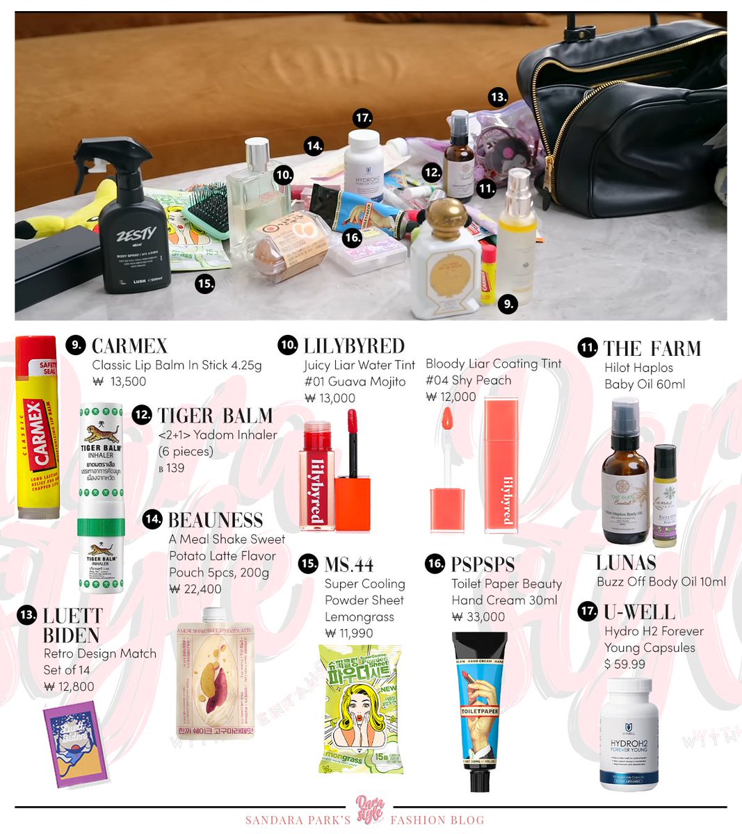 DaraStyle_'s tweet photo. [Spotted] 241011 - #DARA at Vogue Korea 'What's In My Bag', wearing:

#CARMEX Lip Balm
#LILYBYRED Tint
#THEFARM #LUNAS Body Oil
#TIGERBALM Yadom Inhaler
#LUETTBIDEN Match
#BEAUNESS Sweet Potato
#MS44 Cooling Sheet
#PSPSPS Hand Cream
#UWELL Hydro H2
-
#SandaraPark #산다라박 #다라 https://t.co/yaiokpSvve