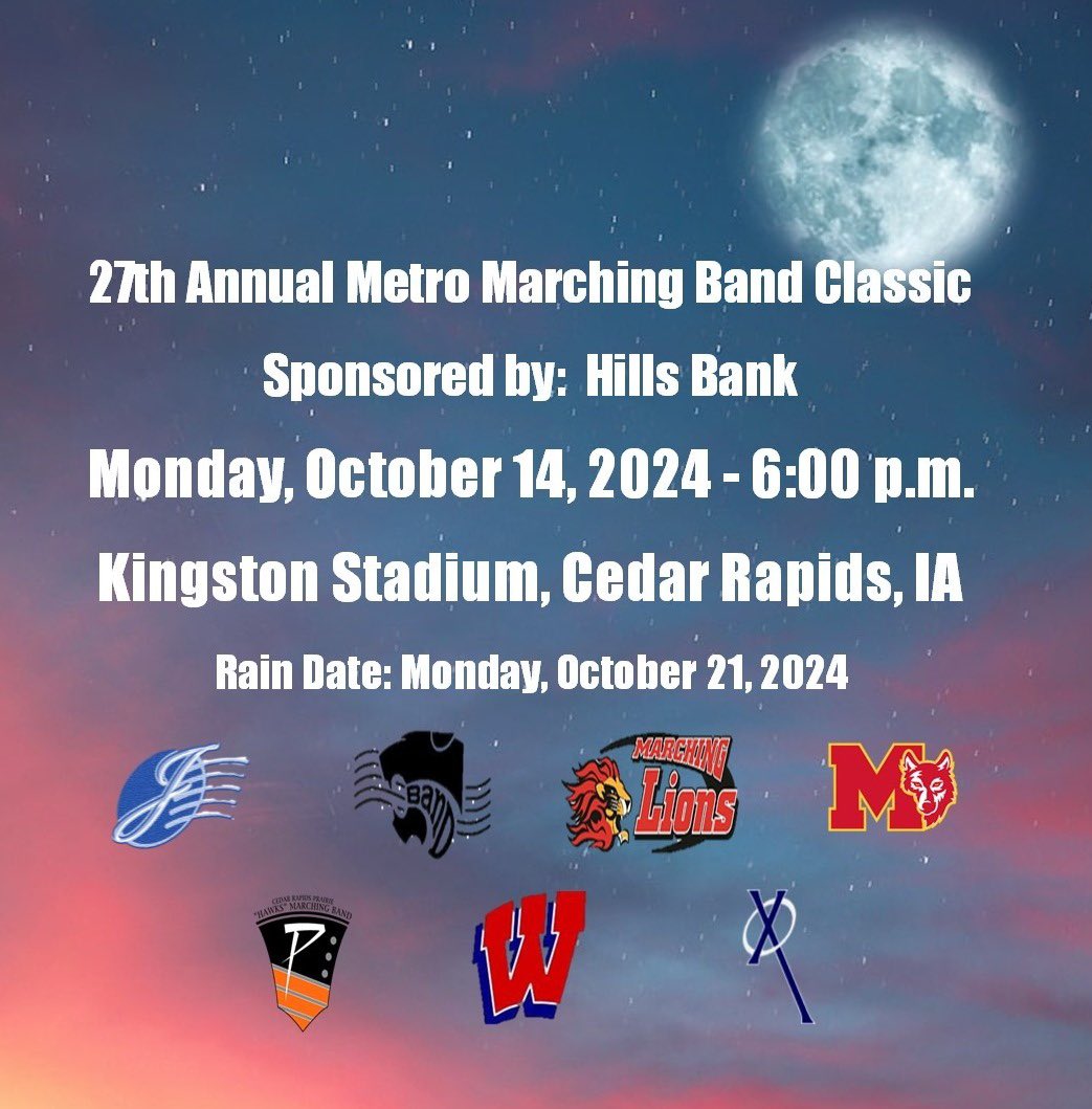 MMBC - Metro Marching Band Classic (@mmbclassic) on Twitter photo The 27th Annual Metro Marchinng Band Classic, presented by <a href="/HillsBank/">Hills Bank</a> is Monday, October 14!
Tickets: metromarchingbandclassic.ludus.com The 27th Annual Metro Marchinng Band Classic, presented by <a href="/HillsBank/">Hills Bank</a> is Monday, October 14!
Tickets: metromarchingbandclassic.ludus.com