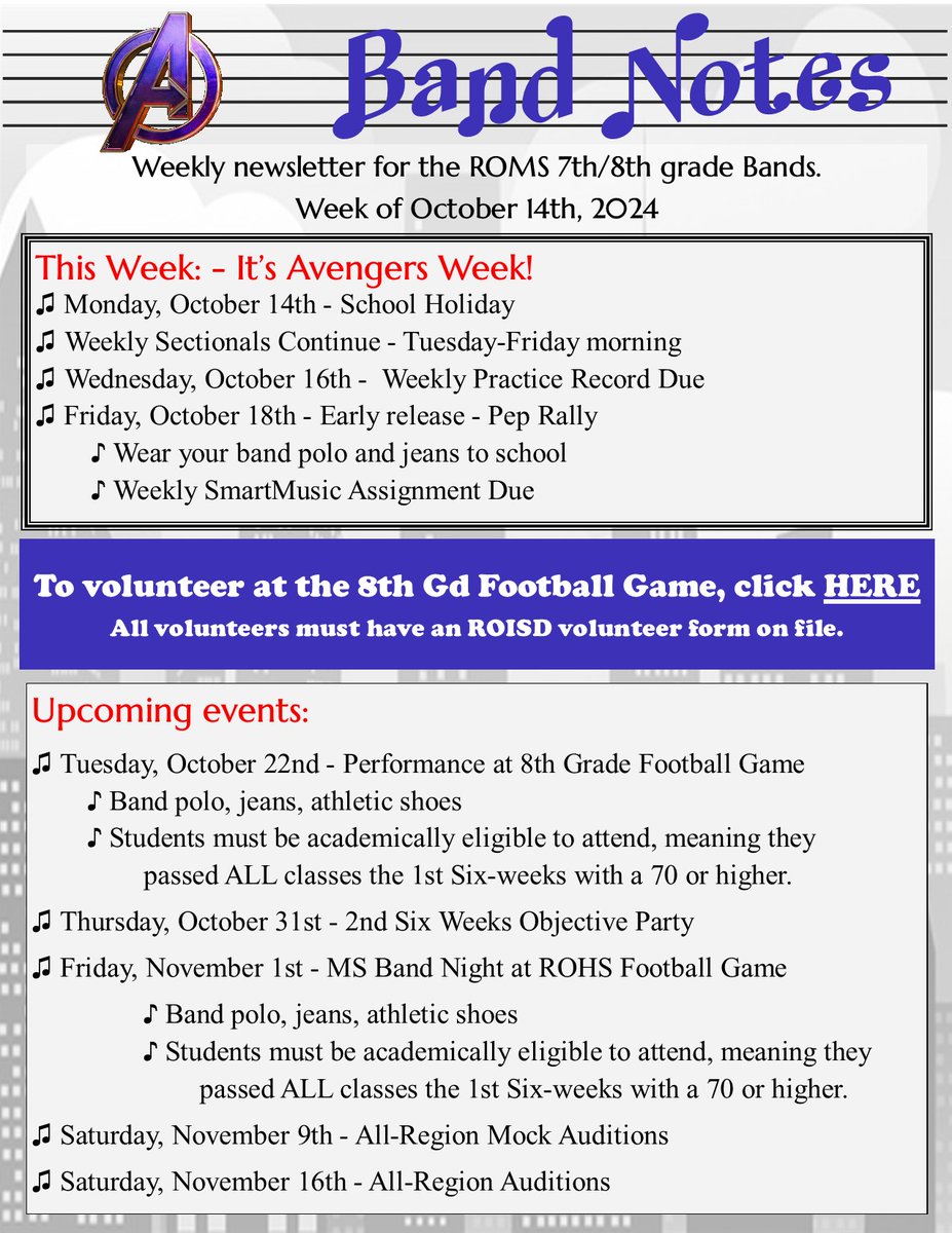 RedOakMSBand's tweet photo. See below for this week's newsletters. It's Avenger's Week, and parents who support their musical children are Super Heroes! https://t.co/1SjruFF336