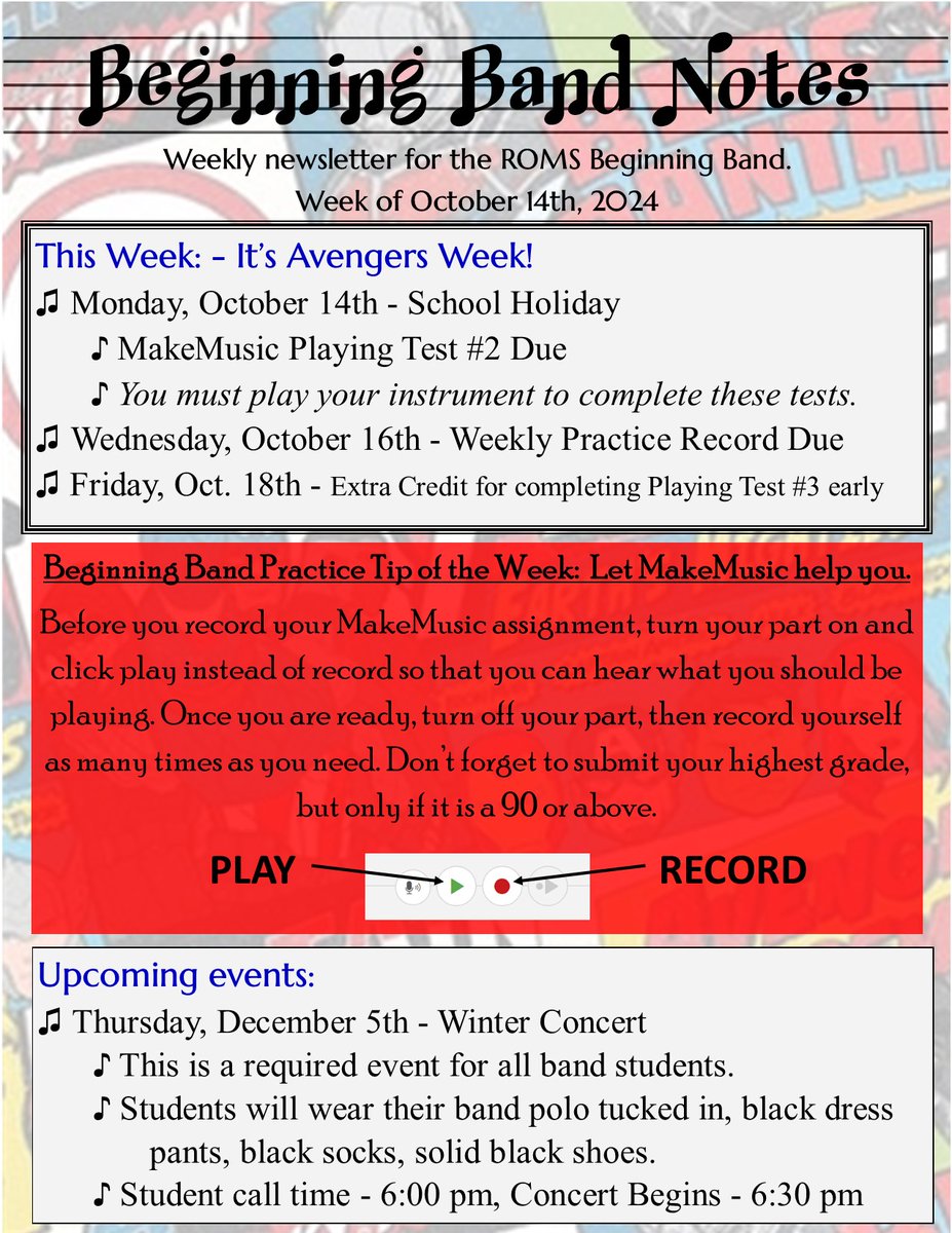 RedOakMSBand's tweet photo. See below for this week's newsletters. It's Avenger's Week, and parents who support their musical children are Super Heroes! https://t.co/1SjruFF336