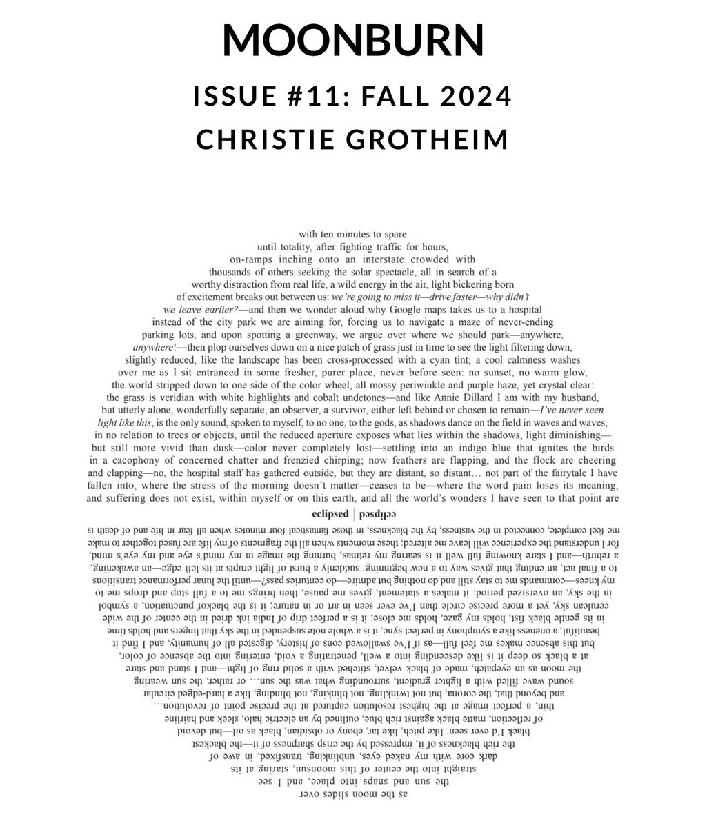 We’re pleased to feature these amazing concrete poems, “Moonburn,” by Christie Grotheim, in our Issue 11 of Harpy Hybrid Review, harpyhybridreview.org.