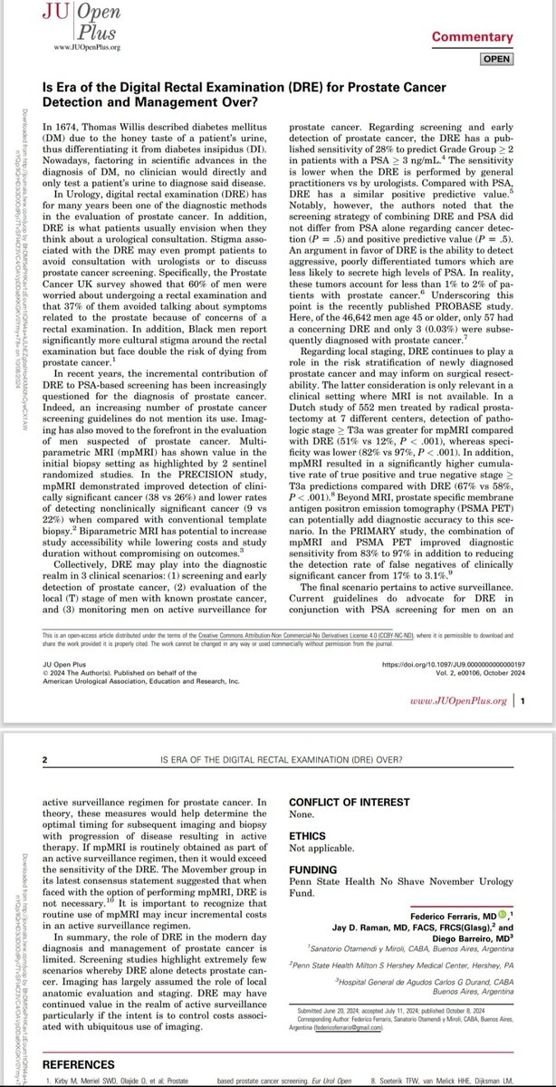 ¿Es el fin del tacto rectal (TR) en Urología? 

En este artículo evaluamos junto a <a href="/DBarreiro4/">Diego Barreiro</a> y <a href="/urojdr/">Jay Raman</a> el valor diagnóstico del TR hoy en día.
Debemos tener presente además que un % importante de pacientes no consultan al urólogo por miedo al TR.
<a href="/CAU_URO/">Confederación Americana de Urología (CAU)</a> <a href="/SauUrologia/">Sociedad Argentina de Urología🇦🇷</a> <a href="/InfoAeu/">AEU</a>
