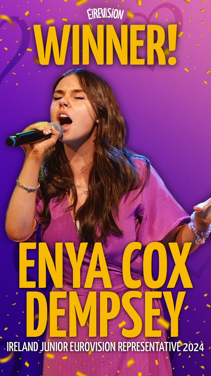 ENYA COX DEMPSEY will represent Ireland at #JuniorEurovision 2024 in Madrid, Spain! 🇮🇪 

She will sing ‘Le Chéile’ in November. Well done to Isla and Lottie for getting this far. You are all superstars 🌟 

#JuniorEurovision