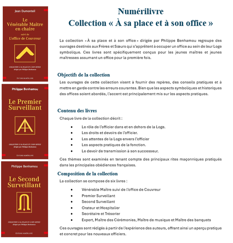 PhilBenhamou's tweet photo. La collection "A sa place et à son Office" que j'ai l'honneur de diriger chez Numérilivre s'agrandit avec la parution du "1er Surveillant"... les autres manuels sont déjà en cours d'édition... ... #francmaçonnerie #Loge #GLDF #GODF #DH #GLFF #GLNF #GLAMF https://t.co/13jju5QIHU
