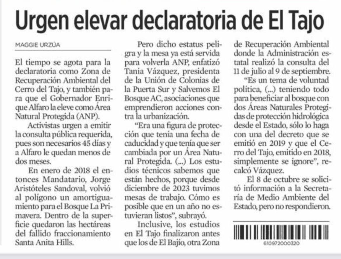 El Decreto del Cerro del Tajo emitido en 2018 merece ser ANP como ya se pretende hacer con el otro decreto de similar figura de protección emitido en 2019 (Bajío). Aún hay tiempo para hacer lo correcto gobernador <a href="/EnriqueAlfaroR/">Enrique Alfaro</a>