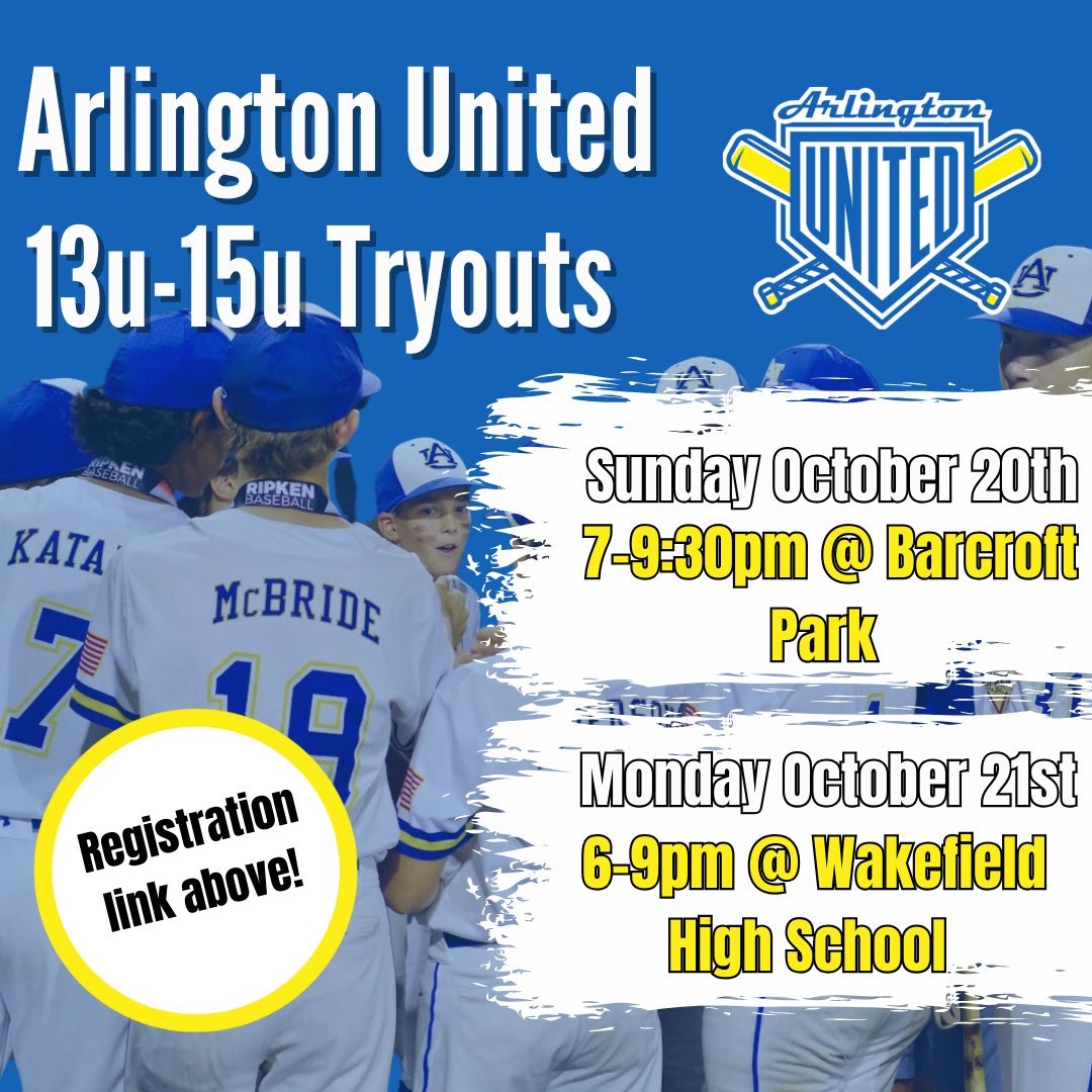 Arlington United Baseball will be having tryouts for 13U, 14U and 15U Players coming up soon!!

Come meet our coaches and see what Arlington United has to offer next week at tryouts!!

registration.teamsnap.com/form/4730