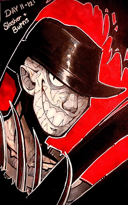 Goretober Day 11+12: Slasher + Burns!Killed two birds with one stone and did Freddy Krueger for this entry! Surprisingly my first attempt at drawing him.  