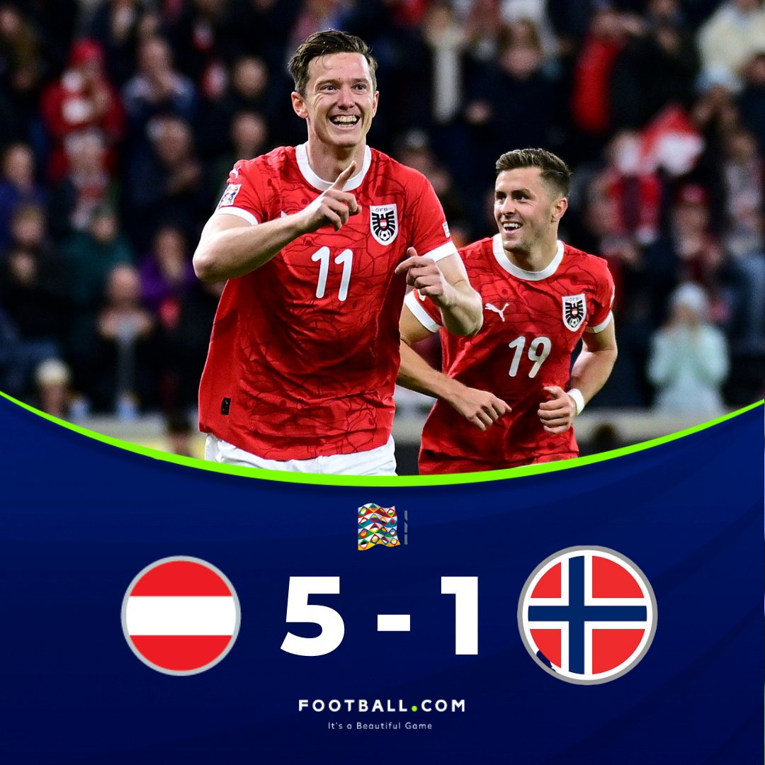 Footballcombet's tweet photo. FULL TIME: Austria 5-1 Norway 😱
Austria completely destroyed Norway with a total dominance form the beginning to the end of the game. 🤯🙌🏾🇦🇹
#NationsLeague #AUSNOR https://t.co/YTrBMdwTxF