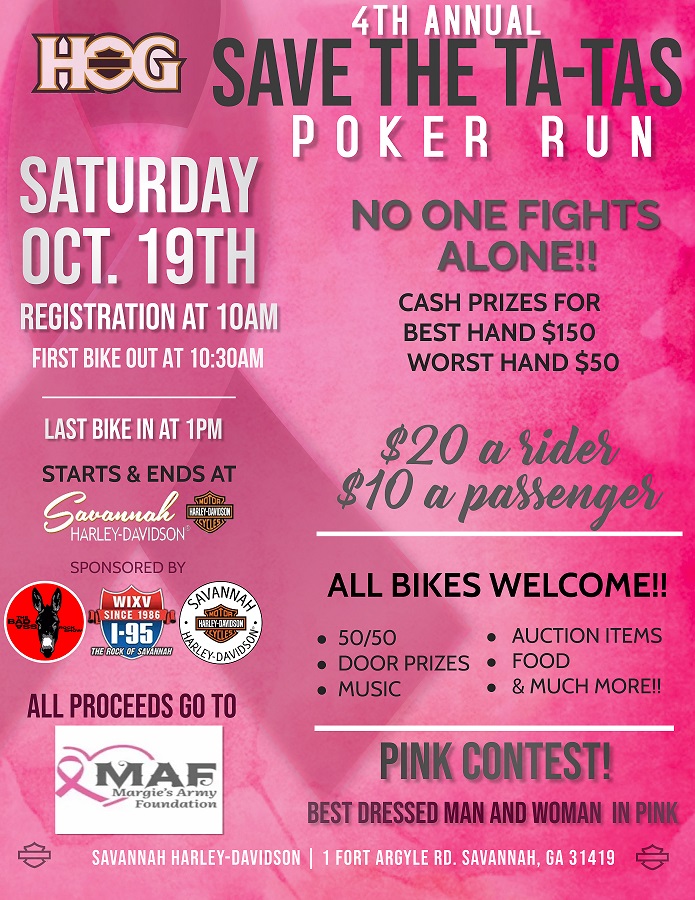 THIS SATURDAY, 10/19 is Savannah Harley-Davidson's 4th Annual Save The Tatas Poker Run!
Details here: bit.ly/4849UYW