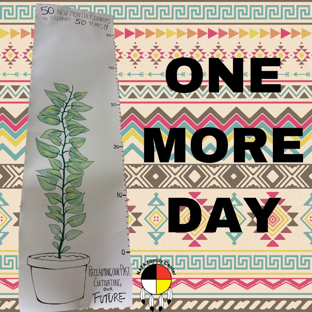 🚨 We’re ONE day away from Indigenous People’s Day, and we need YOUR help to reach our goal of 50 new monthly donors! 
🎥 Watch our Board Chair’s message!
👉 Join the Monthly Giving Circle today: ow.ly/EAiI50THjTJ 

#NAYA50 #SupportNativeCommunities #IndigenousPeoplesDay