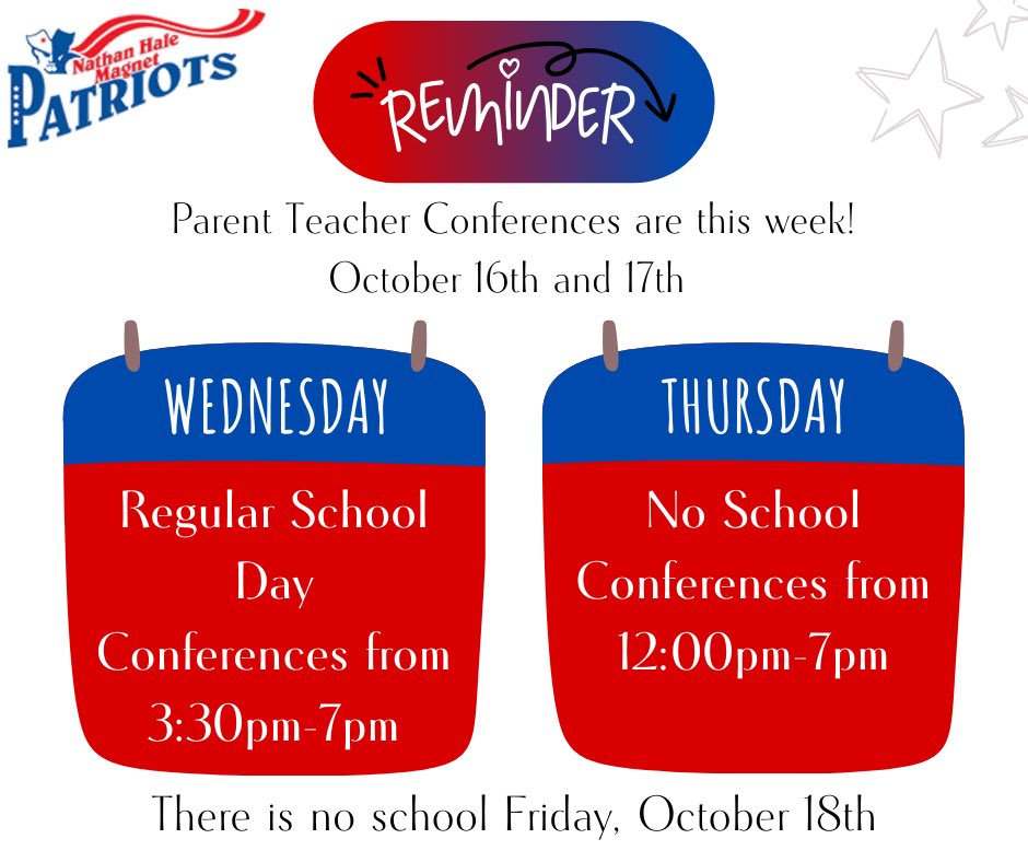 ‼️Hale Families‼️ 
Conferences are this week! We can’t wait to see you Wednesday evening or Thursday afternoon. 

Go Patriots! ❤️💙