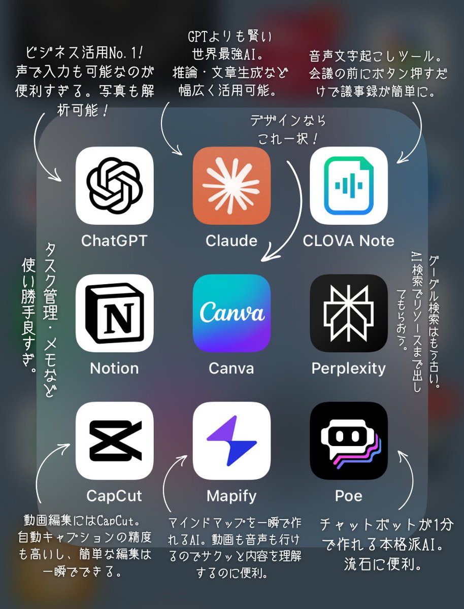 AI発信者のスマホの中身を大公開。

使用用途もまとめたよ↓

相談/推論→「ChatGPT」
文章生成→「Claude」
文字起こし→「CLOVA Note」
タスク管理→「Notion」
デザイン→「Canva」
検索→「Perplexity」
動画編集→「CapCut」
マインドマップ→「Mapify」
チャットボット→「Poe」