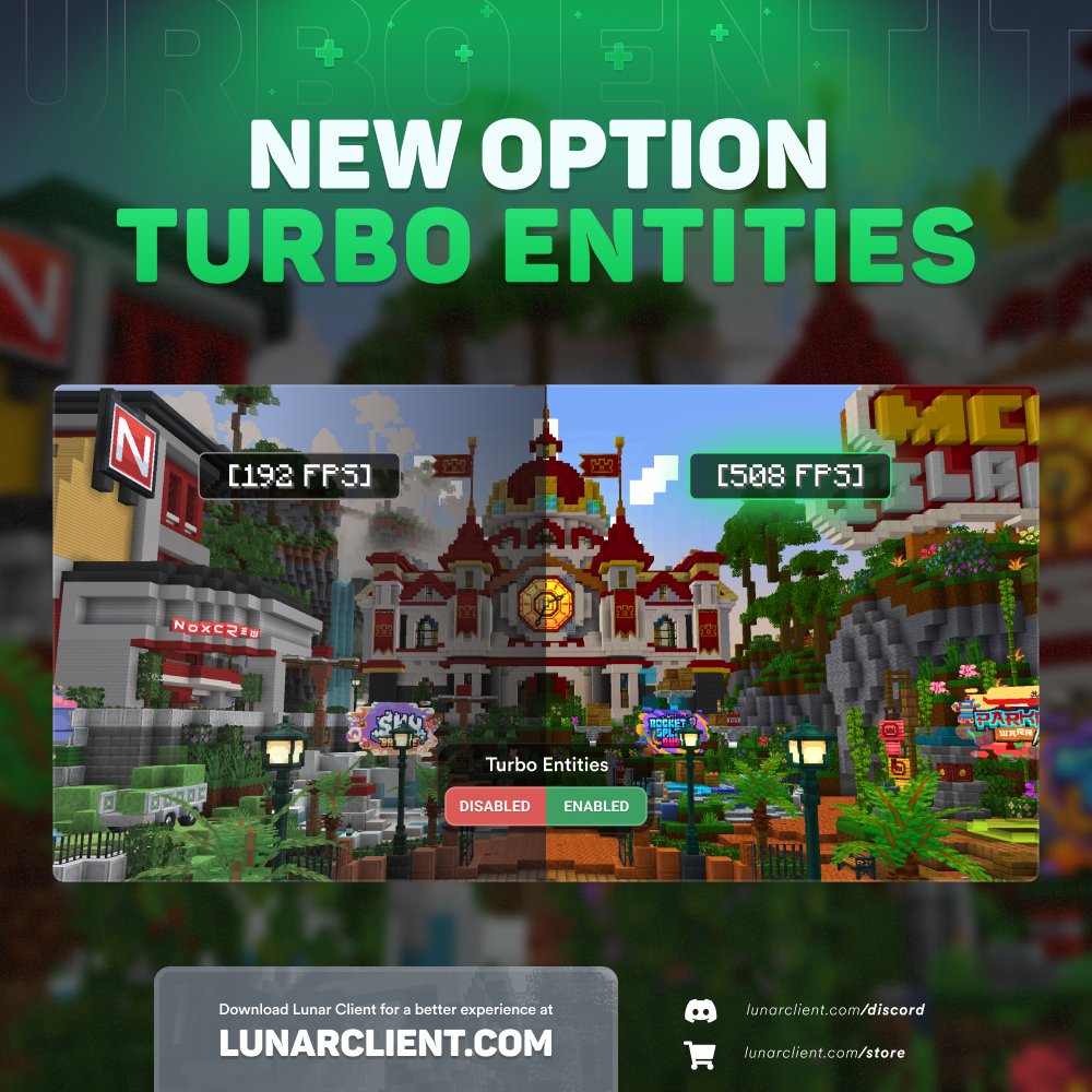 LunarClient's tweet photo. Our latest performance feature, Turbo Entities, significantly improves performance on the latest versions of Minecraft. ⚡️

In some instances and servers, like MCC Island, your FPS can more than double! 🚀

Available exclusively on Lunar Client.

🧵 https://t.co/8oj439KgOi https://t.co/1QNpKTXgik