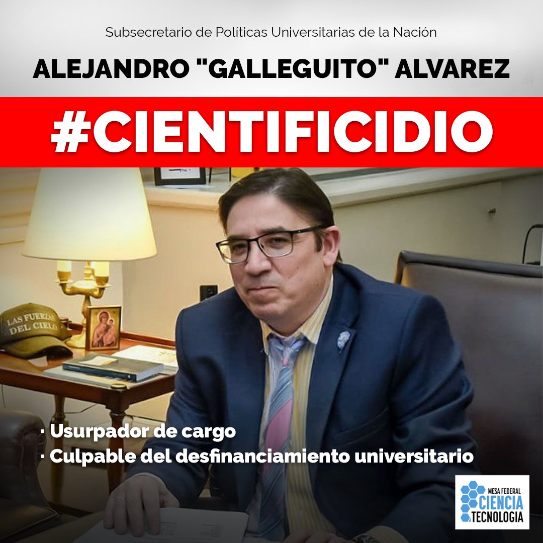 mesa_cytec's tweet photo. 📢  Ejecuta el desfinanciamiento universitario.  Mintió sobre su cargo de profesor titular de la @UBAonline (que no tiene), brinda reportajes falseando datos sobre las Universidades y como buen libertario, fomenta la política del odio. Otro caso más de #Cientificidio 👇 https://t.co/xhPyHVK40l