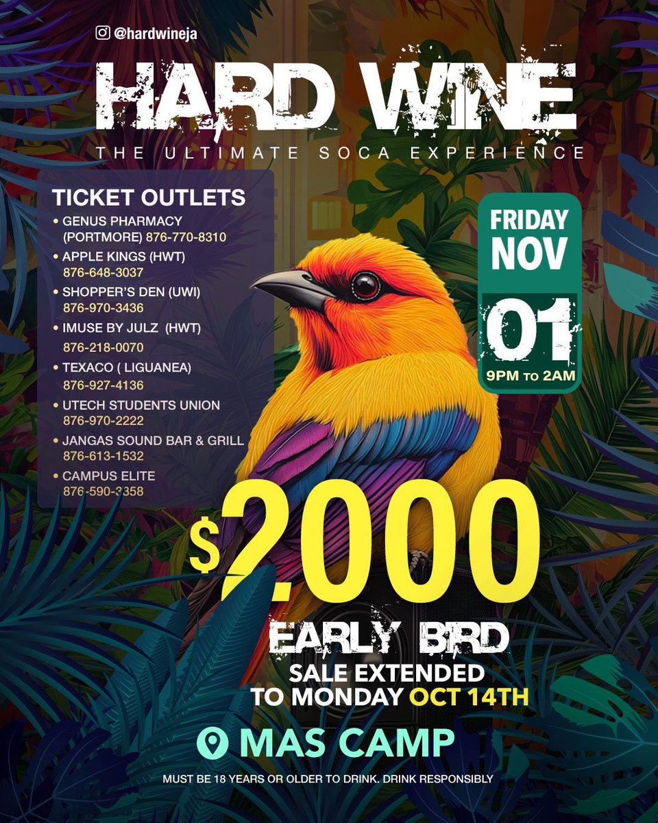 HARDWINEJA's tweet image. Get ready for the Ultimate Soca Experience – #Hardwine‼️💃🏽🎉 The vibes will be UNMATCHED!

📍: Mas Camp
⏱️: 9 PM to 2 AM

Who’s ready to bring the energy? 🎵

#HardWineJA #SocaFete #HWNov1 #UltimateSocaExperience