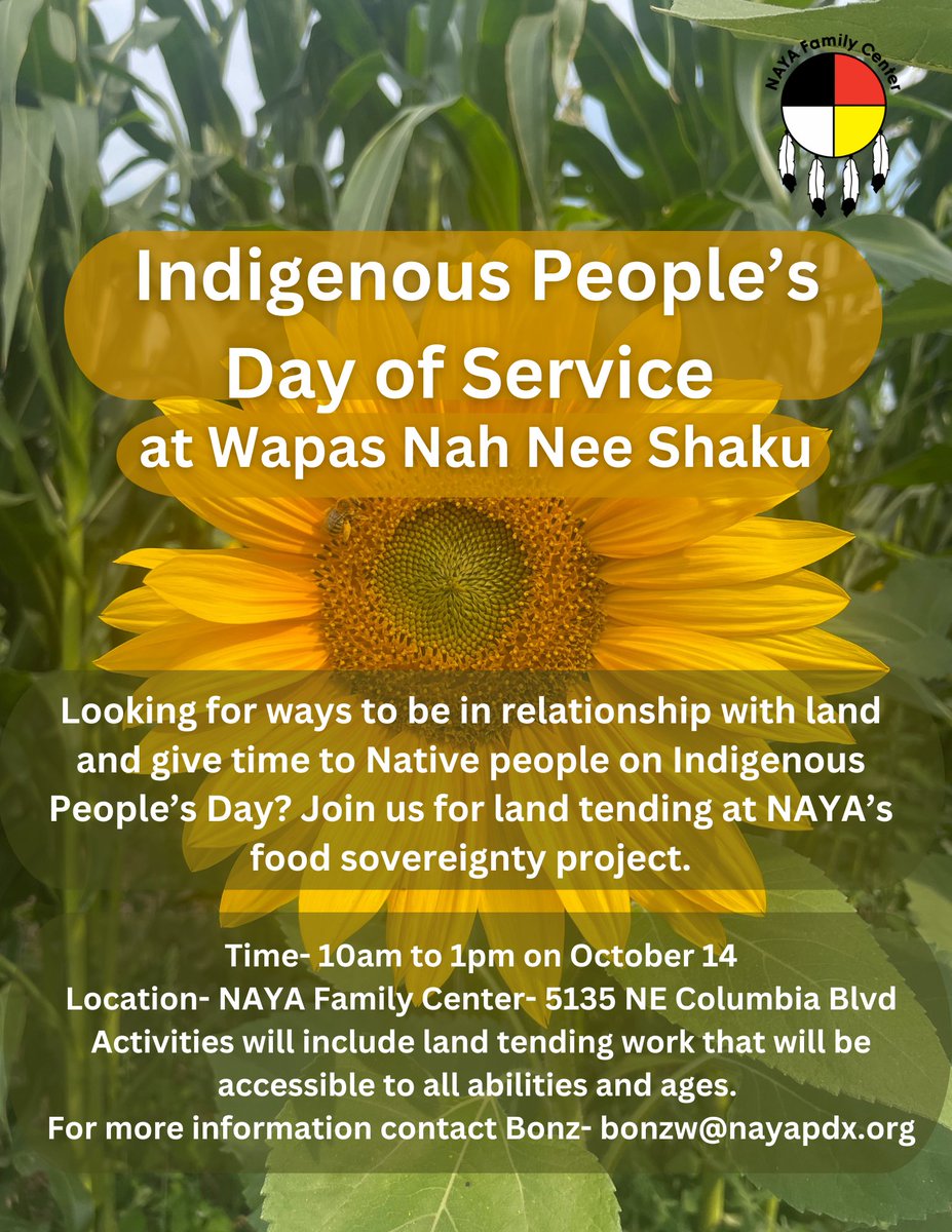 NAYA Family Center (@nayafam) on Twitter photo Join us this Monday, Indigenous Peoples’ Day, for a day of service in the NAYA Garden, Wapas Nah Nee Shaku.
📍5135 NE Columbia Blvd
🕙10 a.m. - 1 p.m.
Sign-up link: forms.gle/rNPt6sb9sdrZKR…
Reach out to bonzw@nayapdx.org with any questions. #foodsovereignty #naya50 Join us this Monday, Indigenous Peoples’ Day, for a day of service in the NAYA Garden, Wapas Nah Nee Shaku.
📍5135 NE Columbia Blvd
🕙10 a.m. - 1 p.m.
Sign-up link: forms.gle/rNPt6sb9sdrZKR…
Reach out to bonzw@nayapdx.org with any questions. #foodsovereignty #naya50